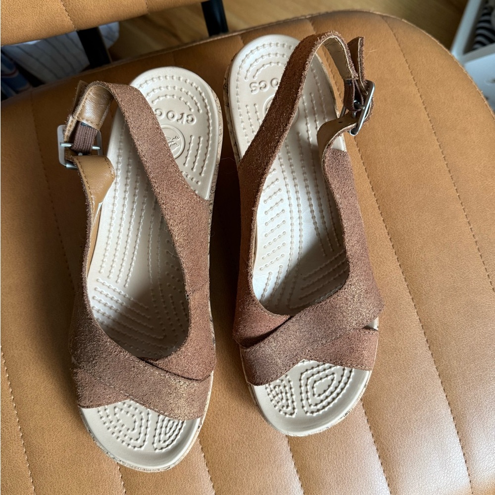 Crocs Brown Suede Slingback Cork Wedge Sandals